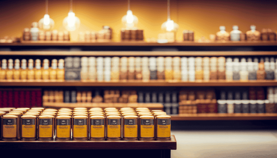 An image showcasing a vibrant display of Rishi Turmeric Ginger Tea at a local specialty tea shop