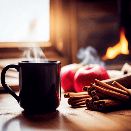 An image showcasing the cozy charm of a rustic wooden kitchen table adorned with a steaming mug of Rituals Apple Cinnamon Herbal Tea, surrounded by a scattering of dried cinnamon sticks and vibrant red apple slices