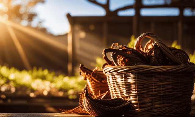 An image showcasing a rustic wooden market stall adorned with baskets brimming with earthy, roasted chicory roots