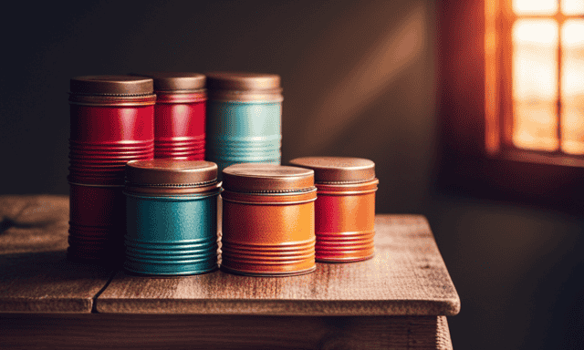 An image showcasing a rustic wooden shelf adorned with a variety of colorful, intricately designed tin canisters filled with aromatic Rooibos Chai herbal tea, inviting readers to explore where to buy this delightful beverage