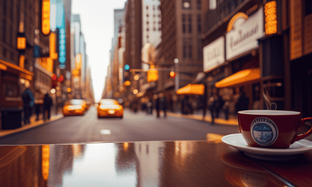 An image capturing the vibrant essence of New York City, featuring a bustling street lined with quaint tea shops, one prominently displaying a sign for "Rooibos Des Vahinés