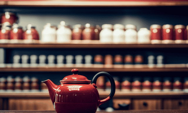 An image showcasing a cozy tea shop, adorned with shelves of vibrant red canisters filled with aromatic Rooibos tea, inviting customers to indulge in the rich flavors of this South African delight
