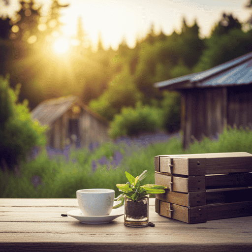 An image showcasing a serene countryside scene, with a rustic wooden tea shop nestled amidst a vibrant sage garden