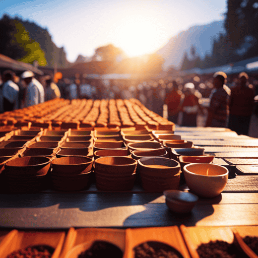 An image showcasing a vibrant, bustling marketplace with rows of colorful stalls, brimming with neatly packaged boxes of Senna Kancura Herbal Tea