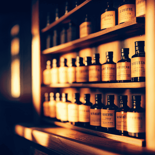 An image showcasing a rustic apothecary shelf, adorned with rows of amber glass bottles filled with tea tree oil herbal antiseptic