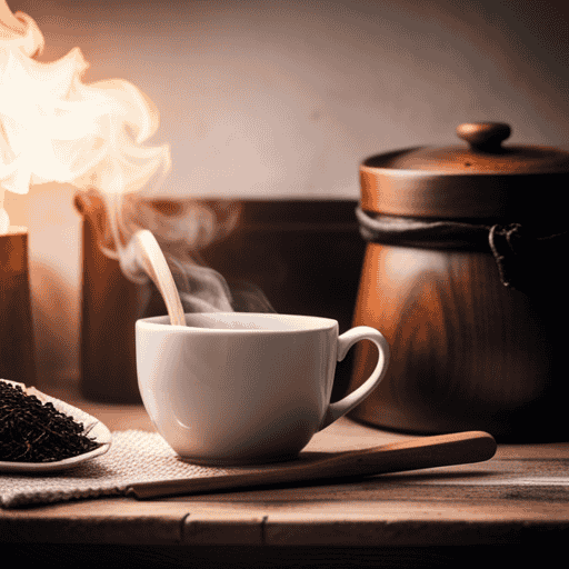 An image showcasing a cozy kitchen corner with a steaming cup of Teeccino herbal tea, surrounded by an inviting teapot, a bag of Teeccino, and a rustic wooden spoon