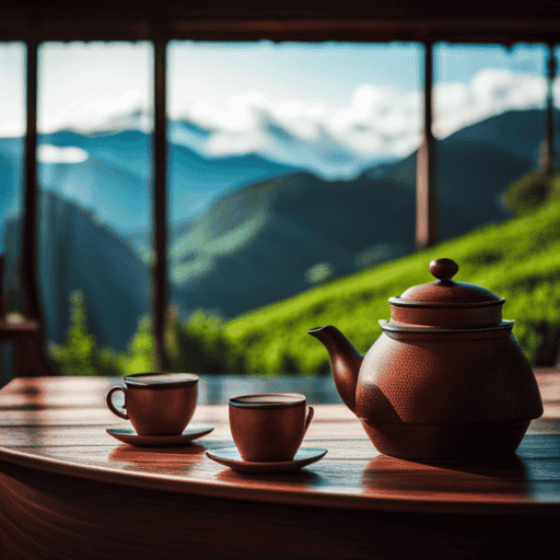 An image showcasing a cozy, rustic teahouse nestled amidst lush green hills