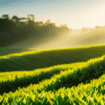 An image showcasing a serene tea plantation at sunrise, with rows of lush, emerald-green oolong tea leaves stretching towards the horizon
