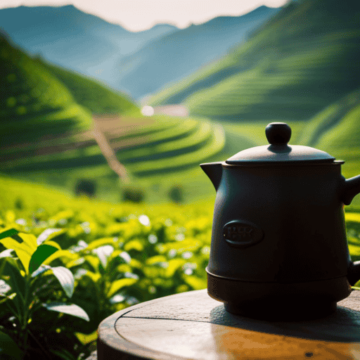 the essence of Tian Qihwa Herbal Tea - a serene image of a rustic tea plantation nestled amidst rolling hills, adorned with lush green tea leaves bathed in soft morning sunlight