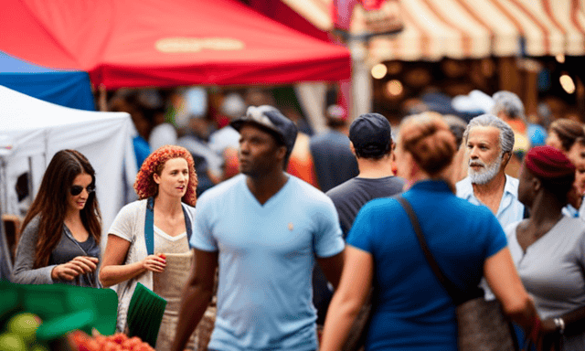 An image featuring a vibrant, bustling farmers market with a myriad of stalls showcasing baskets overflowing with fresh, unfermented red rooibos tea leaves