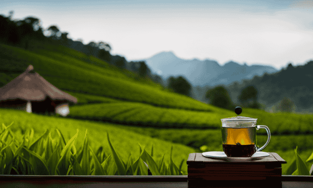 An image showcasing a serene tea plantation, with rows of lush, emerald green tea bushes stretching into the horizon