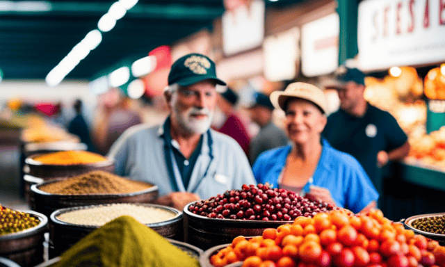 An image showcasing a vibrant, bustling farmer's market in the USA