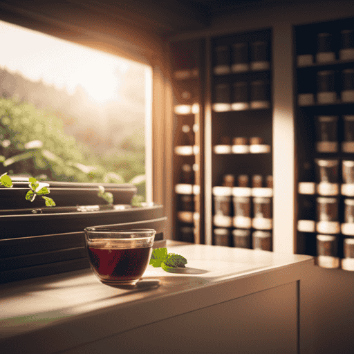 An image showcasing a serene herbal tea aisle, adorned with neatly organized shelves, displaying various flavors of Yogi Breathe Deep Tea