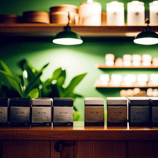 An image showcasing a serene tea shop, adorned with lush greenery and delicate Asian-inspired decor
