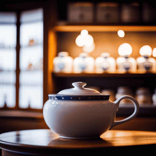 An image showcasing the serene ambiance of a quaint tea shop, with shelves adorned with vibrant boxes of Yogi Moon Cycle Tea, inviting customers to explore its soothing herbal blend