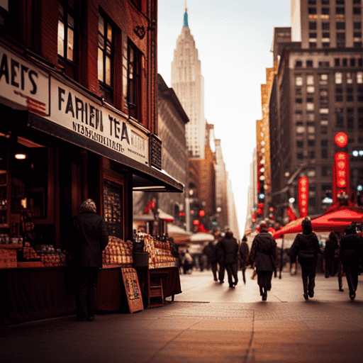 An image showcasing a vibrant New York City street scene, with a bustling farmers market in the foreground