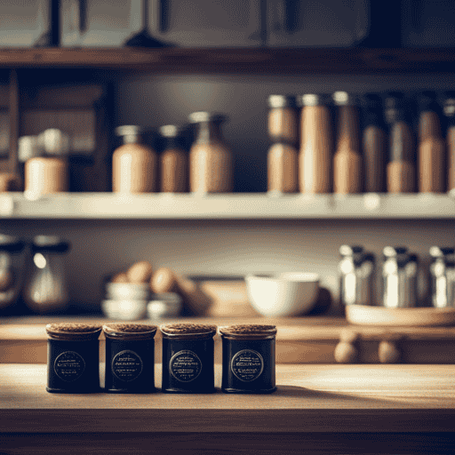 An image showcasing a cozy kitchen scene with a rustic wooden shelf adorned with vintage Postum canisters, nestled amongst shelves stocked with various coffee alternatives, in a Michigan grocery store