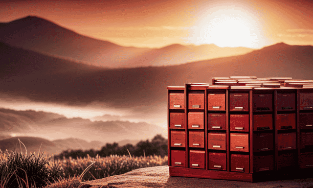 An image showcasing a serene wooden shelf adorned with neatly stacked rows of vibrant red Rooibos tea boxes, each branded with distinct labels, enticing readers to explore the world of Rooibos