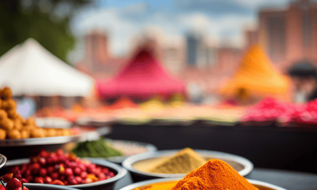 Capture the essence of Birmingham's vibrant culinary scene with an image of a bustling farmers market overflowing with stalls adorned with vivid displays of Bhakti Sparkling Tea, Tart Cherry Rooibos, and luscious cherries, enticing locals and visitors alike