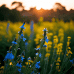 An image capturing the rustic charm of a countryside field, bathed in the golden hues of sunset, showcasing chicory root plants gracefully swaying in the gentle breeze, their vibrant blue flowers standing out against lush green foliage