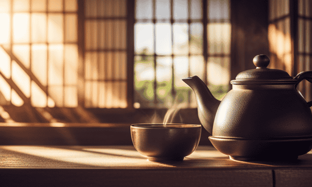 An image showcasing a traditional teahouse with wooden shelves adorned with various loose leaf Oolong teas
