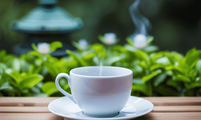 An image showcasing a serene tea garden in San Diego, where elegant wooden tables are adorned with delicate ceramic teacups filled with steaming oolong tea
