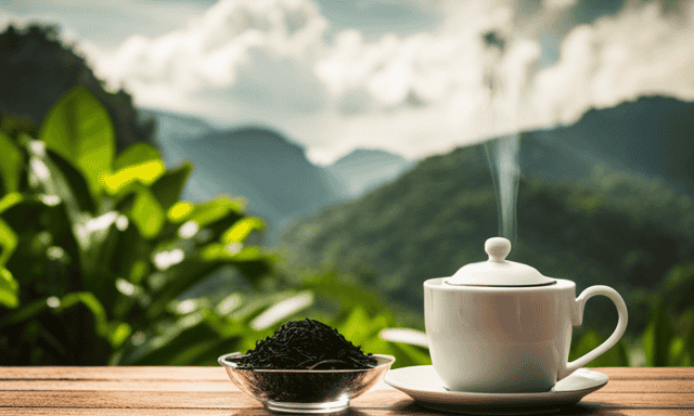 An image showcasing a tranquil teahouse nestled amidst lush green tea plantations