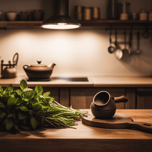 An image showcasing an inviting kitchen scene with a rustic wooden countertop adorned with fresh herbs, a mortar and pestle, and a steaming cup of herbal tea, alluding to the exploration of herbal tea recipes in Conan Exiles