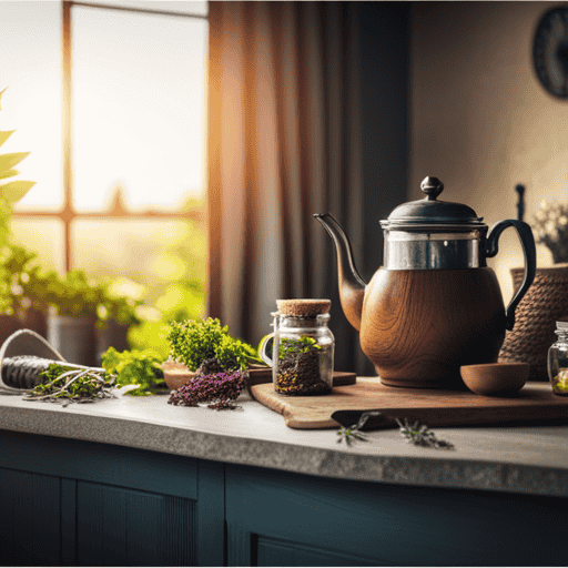 An image showcasing a cozy kitchen counter adorned with assorted glass jars filled with vibrant, aromatic herbs, a rustic wooden chopping board stacked with fresh lemons, and a steaming teapot pouring herbal tea into a delicate floral teacup