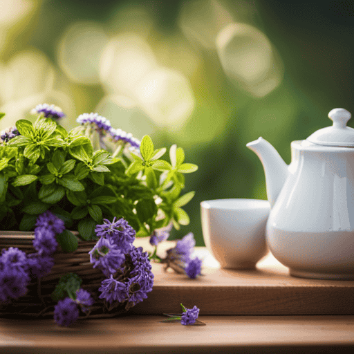 An image showcasing a cozy kitchen scene with an assortment of vibrant fresh herbs, teapots, and delicate tea cups, inviting readers to explore the world of herbal tea recipes