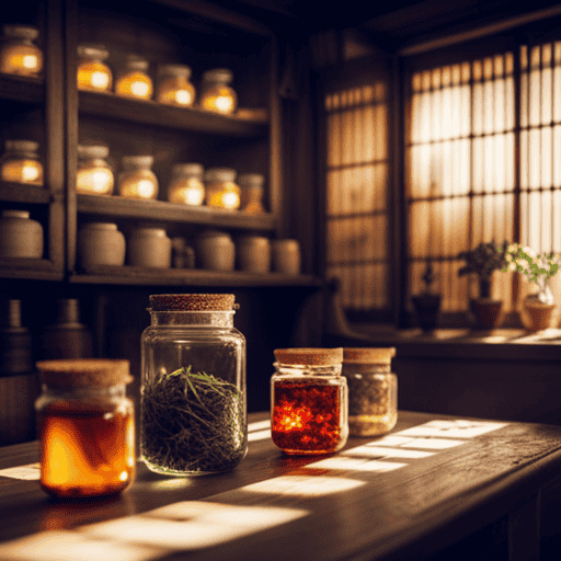 An image showcasing a quaint teahouse, adorned with shelves filled with vibrant glass jars brimming with loose herbal tea leaves