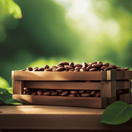 An image showcasing a rustic wooden crate filled with plump, rich, and chocolatey raw cacao beans