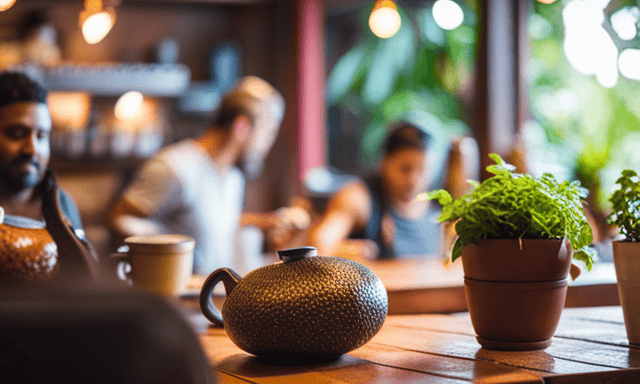 An image showcasing a cozy, sunlit café scene with wooden tables adorned with gourds and metal straws, where friends gather to enjoy vibrant, steaming cups of yerba mate, surrounded by lush green plants