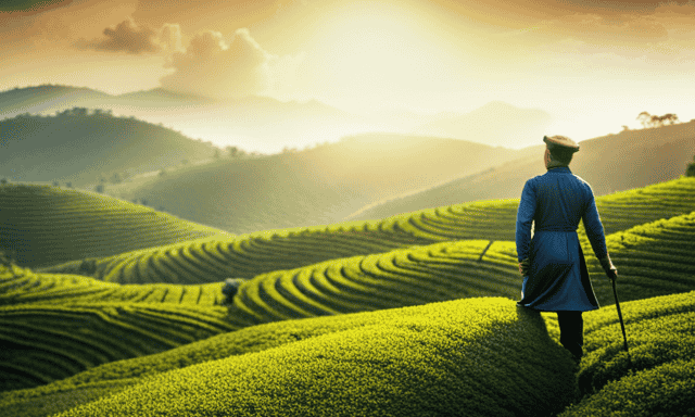 An image showcasing a serene tea plantation nestled amidst rolling hills, with tea leaves being carefully handpicked by farmers in traditional attire, conveying the authenticity and craftsmanship of Oolong tea production