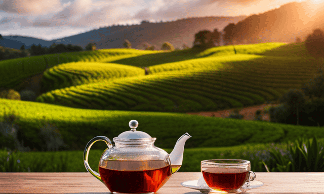 An image showcasing a serene tea plantation nestled amongst rolling hills, with lush green fields stretching towards the horizon