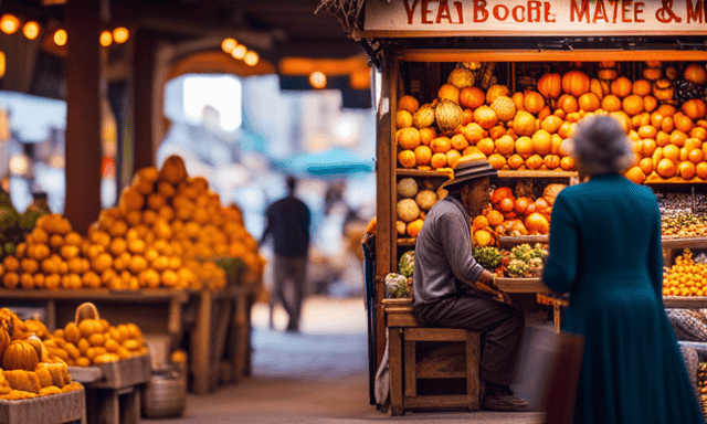 An image showcasing a vibrant marketplace, with colorful stalls overflowing with gourds, bombillas, and a variety of yerba mate tea brands
