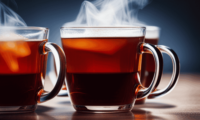 An image showcasing a close-up shot of three steaming mugs, each filled with richly-hued rooibos tea
