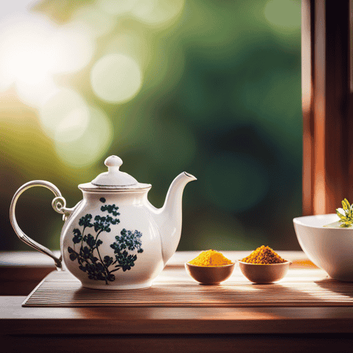 An image showcasing a serene teapot surrounded by vibrant Chinese herbal ingredients like ginkgo biloba leaves, sage, and rosemary, evoking a sense of focus and memory enhancement