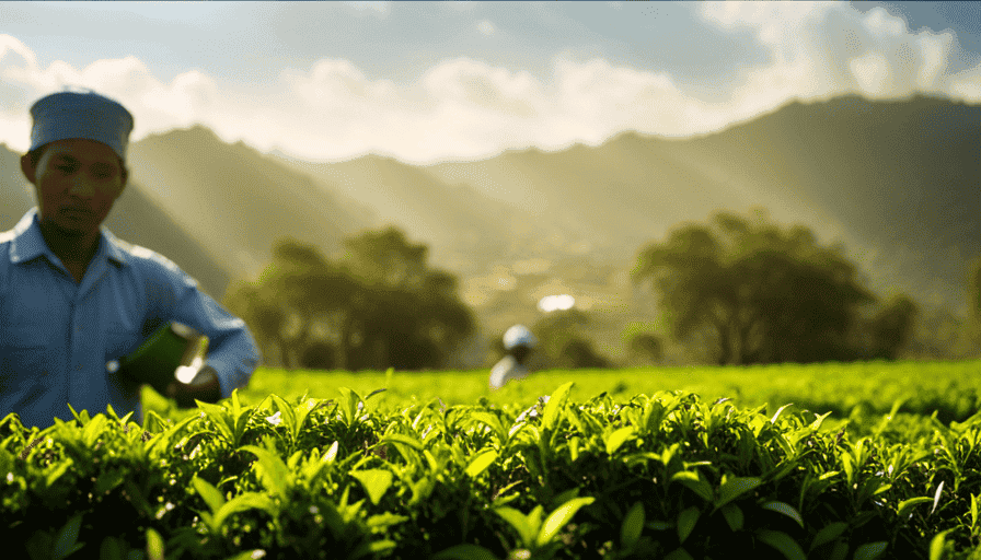 An image showcasing a serene tea garden, with vibrant green tea leaves being harvested by workers wearing traditional attire