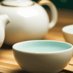 An image showcasing a serene, oriental tea set with two delicate porcelain cups, one filled with fragrant jasmine tea and the other with rich oolong