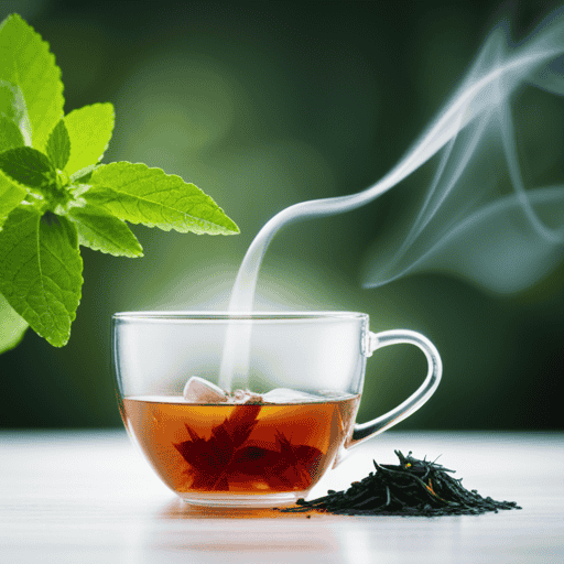 An image showcasing a variety of herbal tea leaves, with a steaming cup in the background