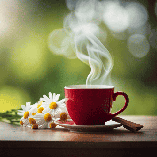 An image featuring a cozy, warm cup of herbal tea, steam gently rising from it, surrounded by soothing ingredients like chamomile flowers, lemon slices, and honey, evoking relief and comfort for toddlers with cough and cold