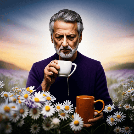 An image showcasing a serene scene of a person sipping on a warm cup of peppermint herbal tea, surrounded by blooming chamomile flowers and soothing lavender, conveying relief from constipation and bloating