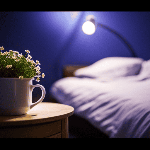 An image showcasing a serene, moonlit bedroom with a cup of steaming chamomile tea on a bedside table, surrounded by lavender sprigs and cooling mint leaves, evoking a soothing atmosphere for alleviating night sweats