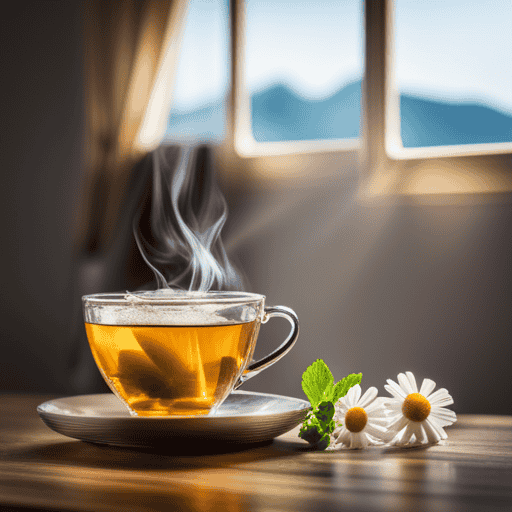 An image showcasing a serene scene of a steaming cup of chamomile tea, surrounded by delicate chamomile flowers and a soothing background of icy mint leaves, evoking relief and tranquility for those suffering from IC pain