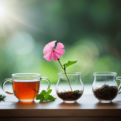 An image showcasing various herbal teas like dandelion, nettle, and hibiscus, each uniquely depicted with distinctive colors, textures, and shapes