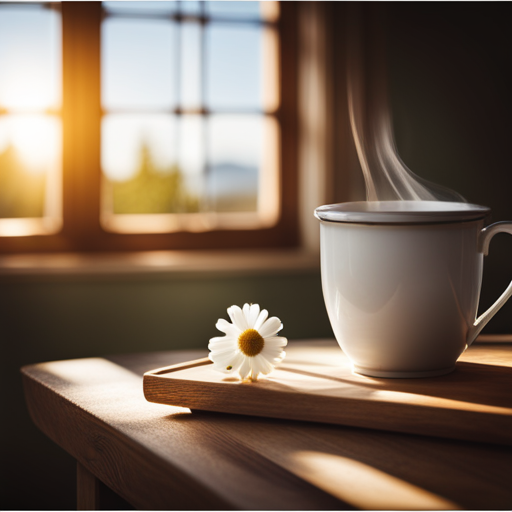 An image showcasing a soothing cup of chamomile tea, steaming gently in a delicate porcelain mug