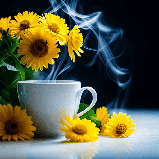 An image showcasing a steaming cup of chamomile tea, filled with vibrant yellow flowers and surrounded by fresh mint leaves