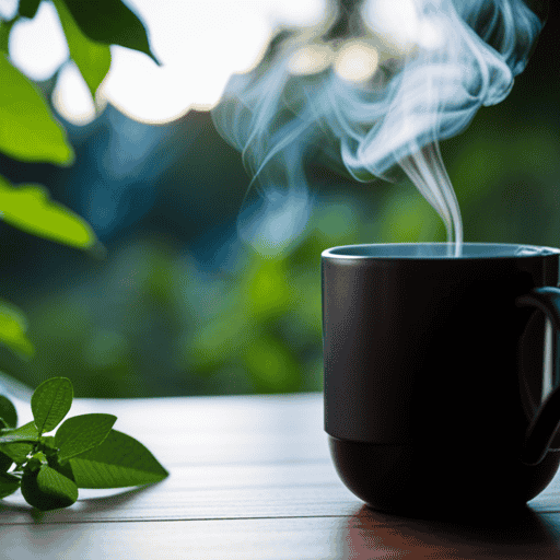An image capturing a cozy scene with a steaming cup of herbal tea surrounded by vibrant green eucalyptus leaves, complemented by a delicate trail of rising vapor, evoking a soothing atmosphere for a blog post on clearing mucus