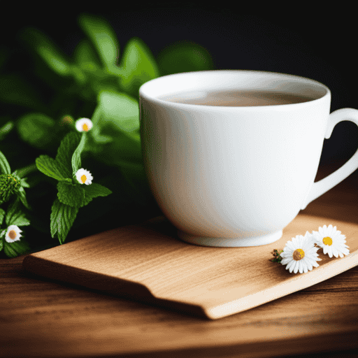 An image depicting a serene white teacup filled with warm chamomile herbal tea, surrounded by fresh peppermint leaves and slices of soothing ginger root, all placed on a rustic wooden tray